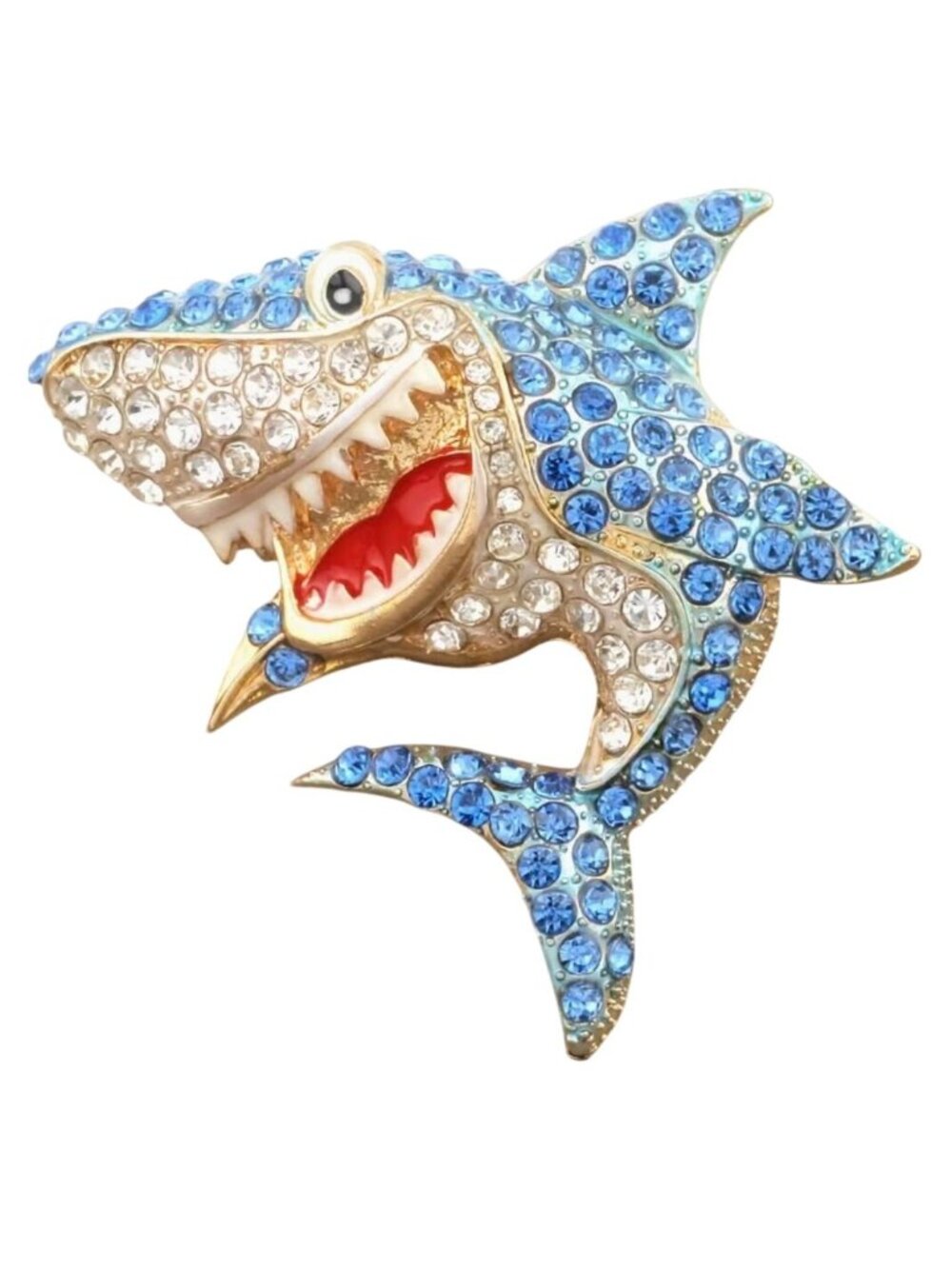 Sparkling Shark Week Brooch With Blue & Clear Rhinestones Gold-Tone